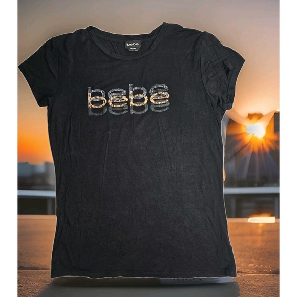 bebe Tops - BEBE T Shirt Womens Black Short Sleeve Rhinestone Logo Animal Print SZ LG